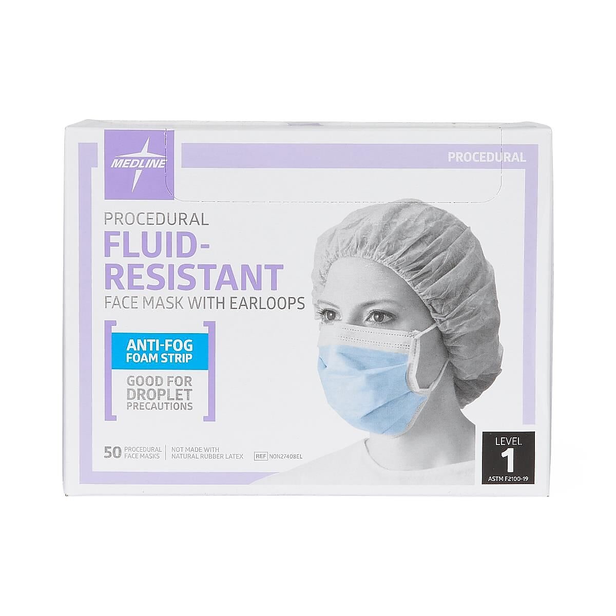 Medline ASTM Level 1 Face Mask with Ear Loops, Anti-Fog, Blue, 50/Box, 6 Boxes/Case (NON27408EL)