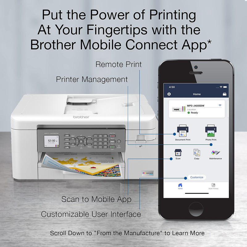 Brother INKvestment Tank MFC-J4335DW Wireless Color Inkjet Printer, All-In-One Supertank, Print, Scan, Copy, Fax
