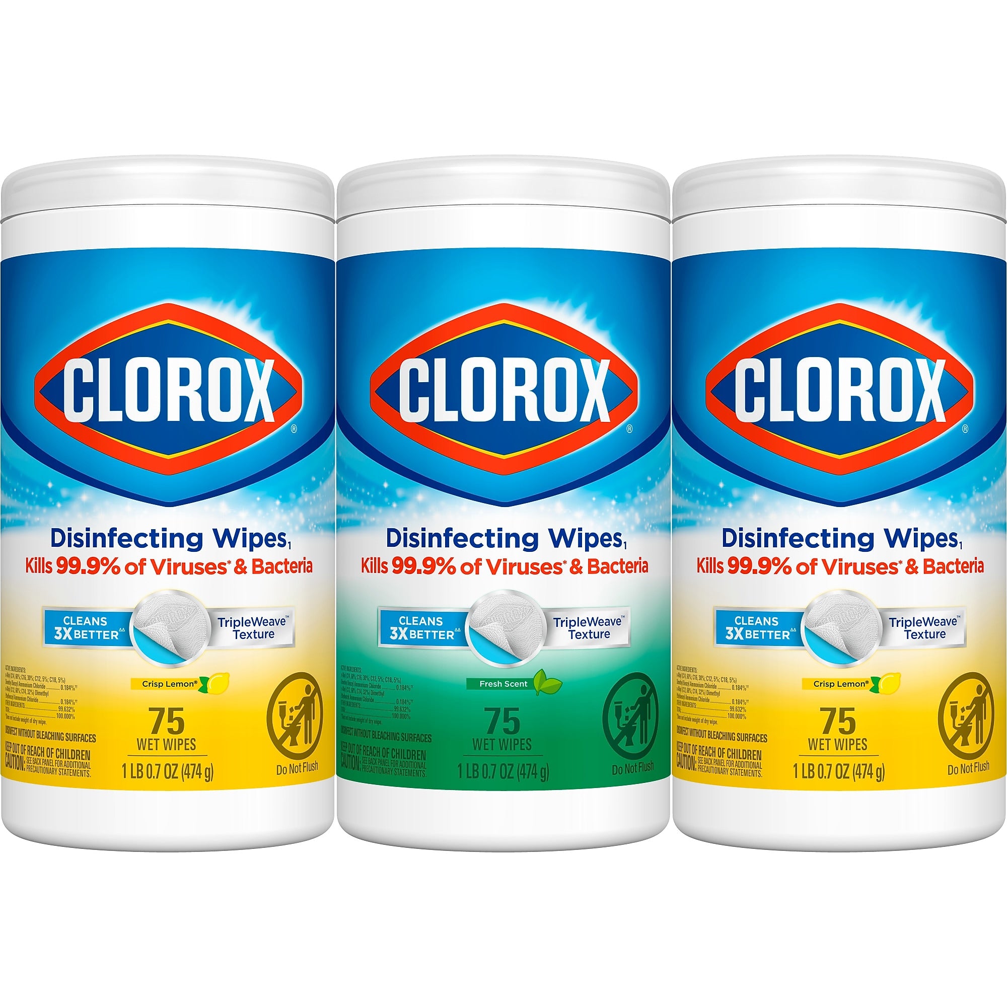 Clorox Disinfecting Wipes Value Pack, Fresh and Crisp Lemon Scents, 75 Wipes/Container, 3/Pack (30208)