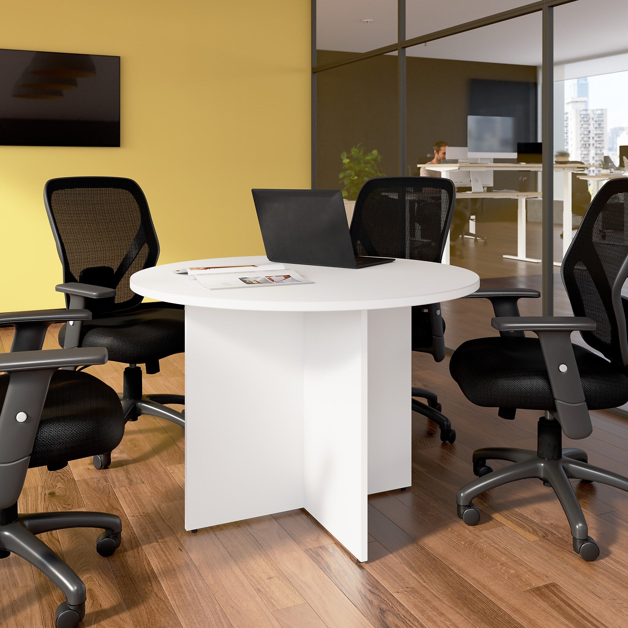 Bush Business Furniture 42W Round Conference Table with Wood Base, White (99TB42RWH)