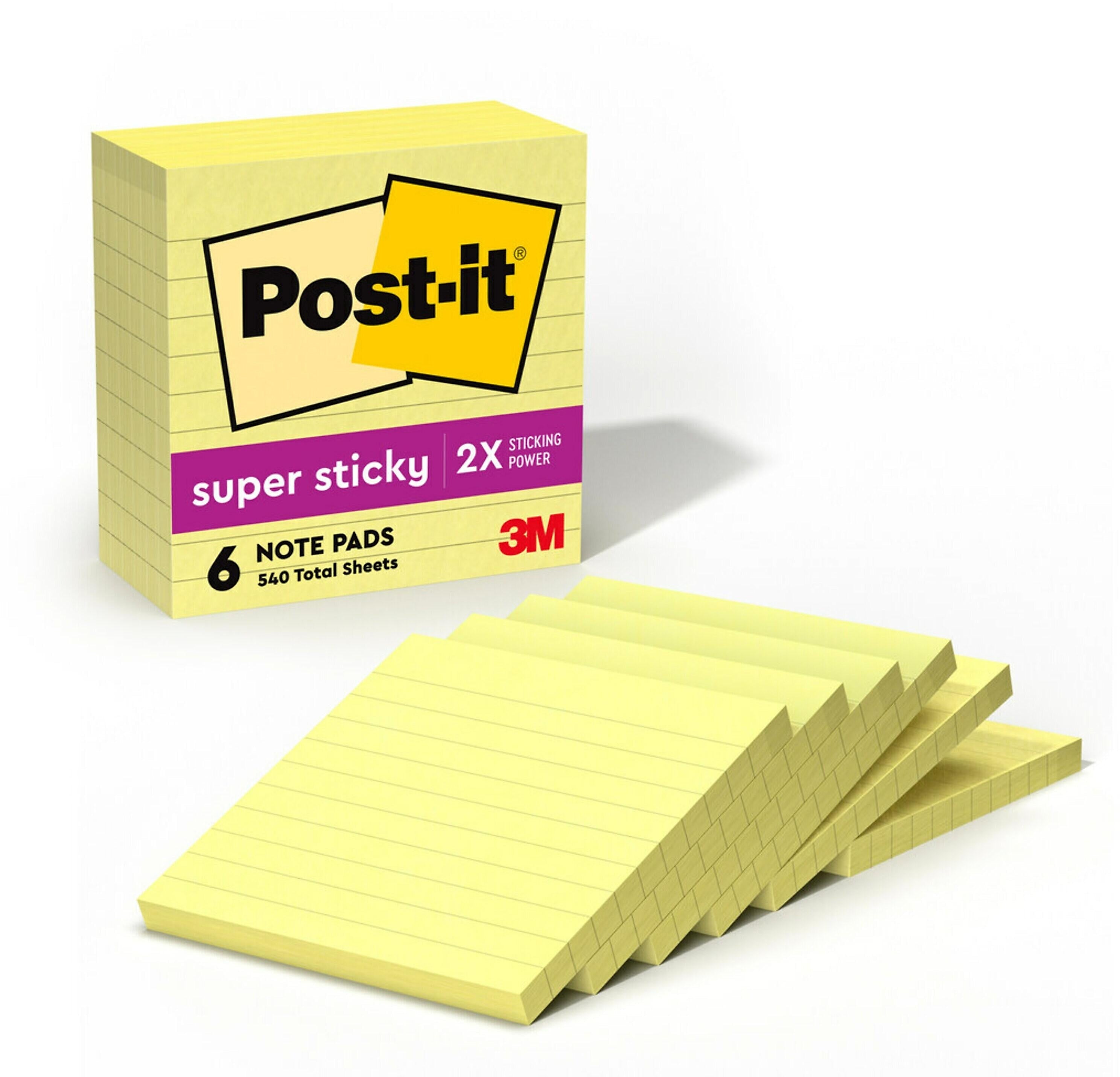 Post-it Super Sticky Notes, 4" x 4", Canary Collection, Lined, 90 Sheet/Pad, 6 Pads/Pack (675-6SSCY)