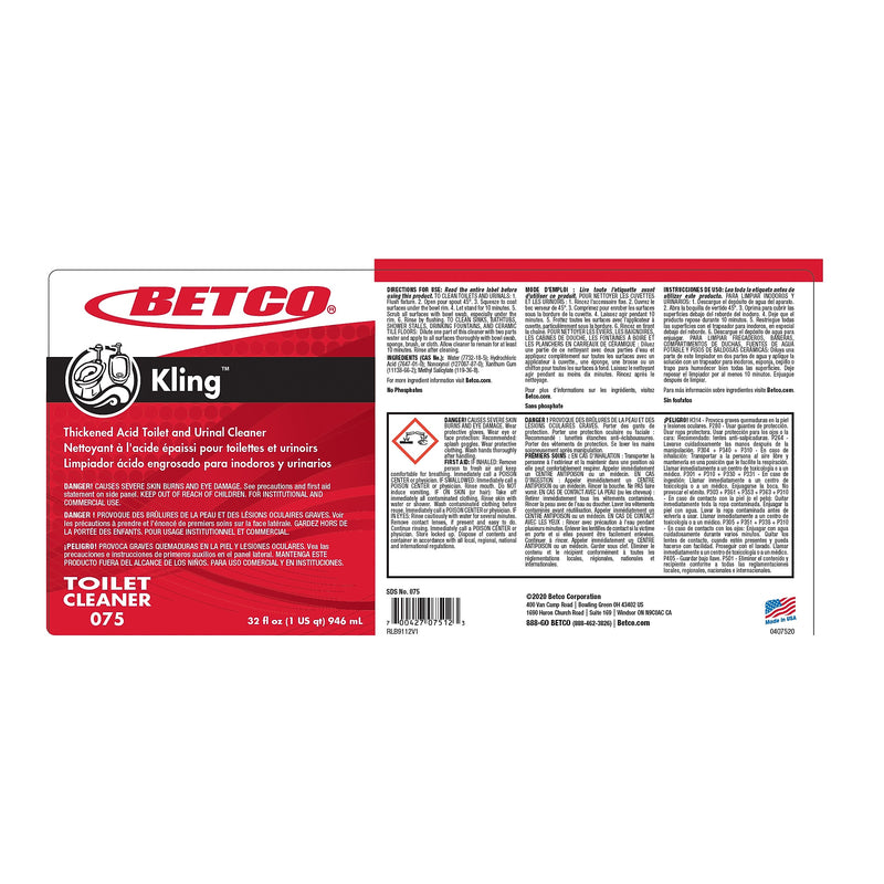 Betco Kling Toilet Bowl Cleaner, Mint-wintergreen Scent, 32 oz., 12/Carton (0751200)