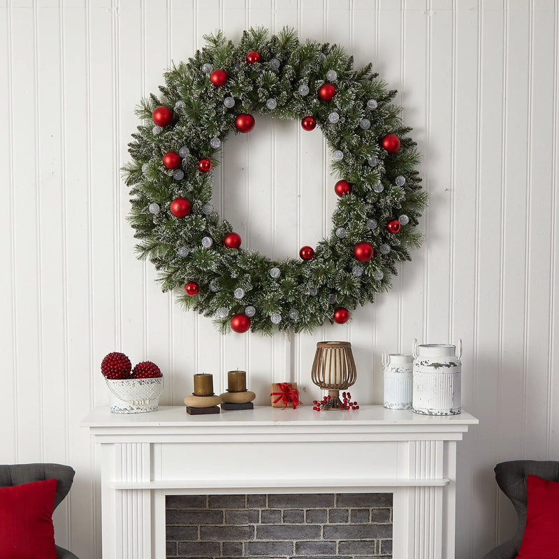 Nearly Natural 4-ft Oversized Pre-Lit Frosted Holiday Christmas Wreath with Ornaments and 40 LED Globe Lights (W1275)