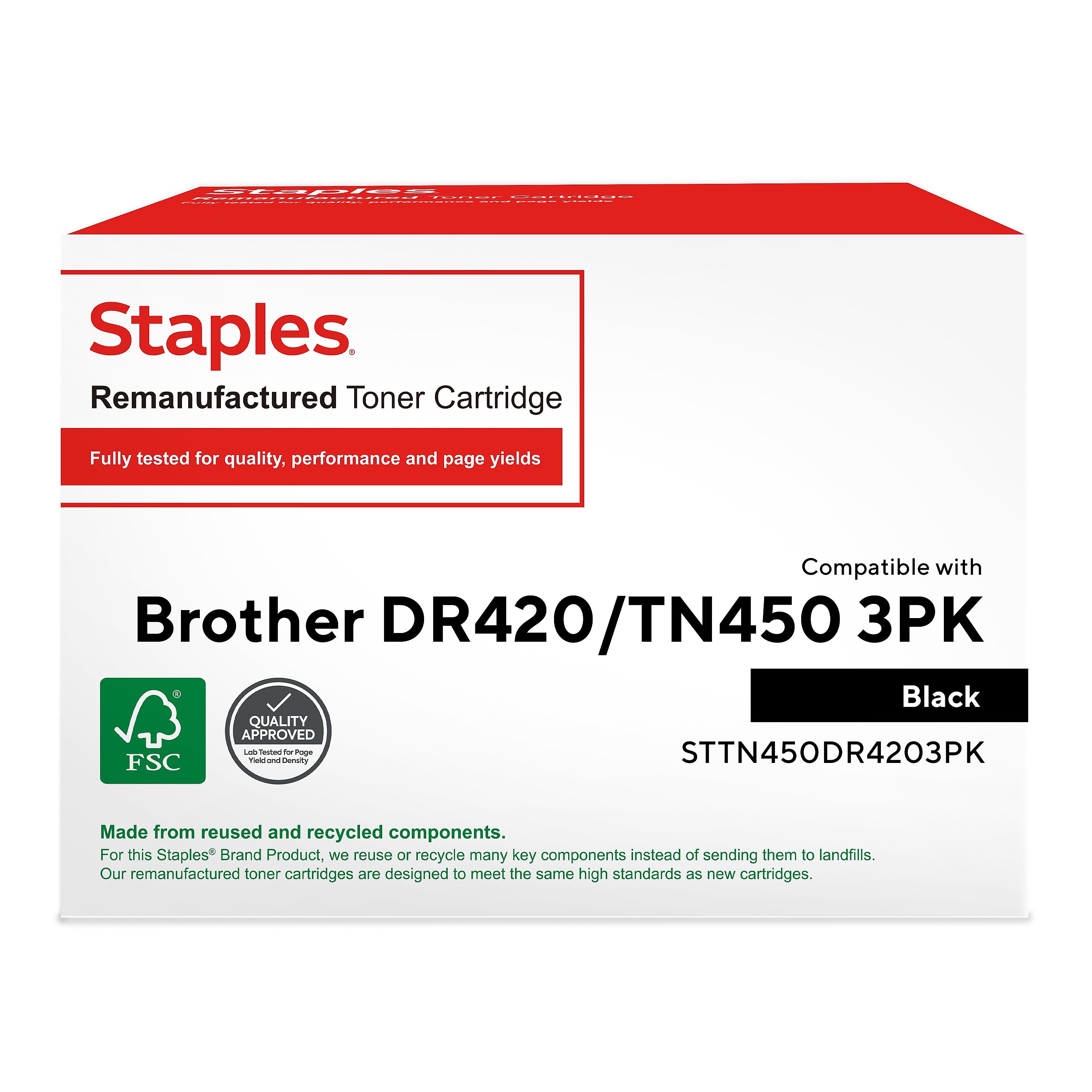 Staples Remanufactured Black High Yield Toner Cartridge & Drum Unit Bundle Replacement for Brother TN-450/DR-420, 3/Pack