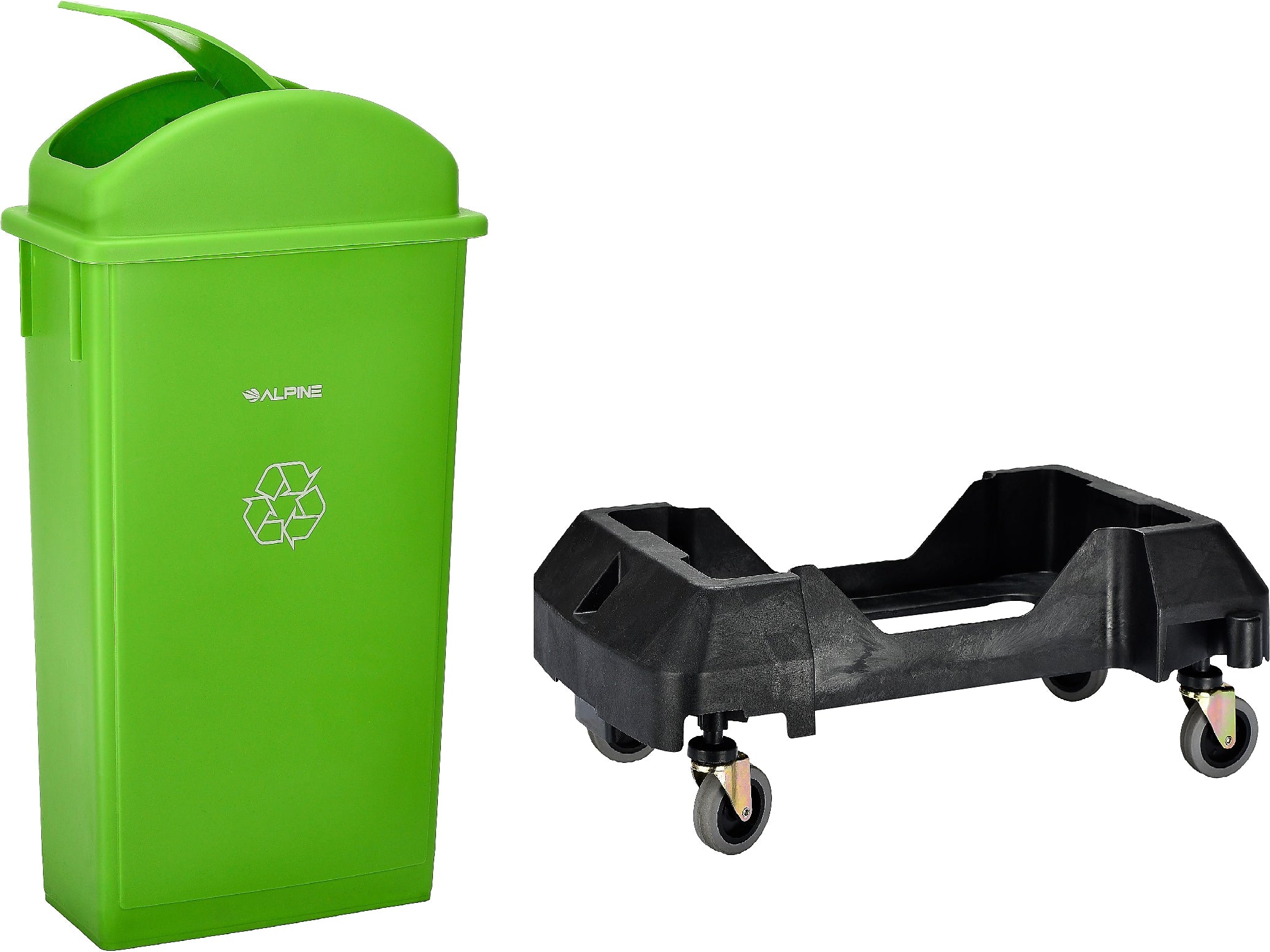 Alpine Industries Polypropylene Recycling Bin with Lid and Dolly, 23 Gallon, Lime Green (ALP477-LGRN1-PKD)