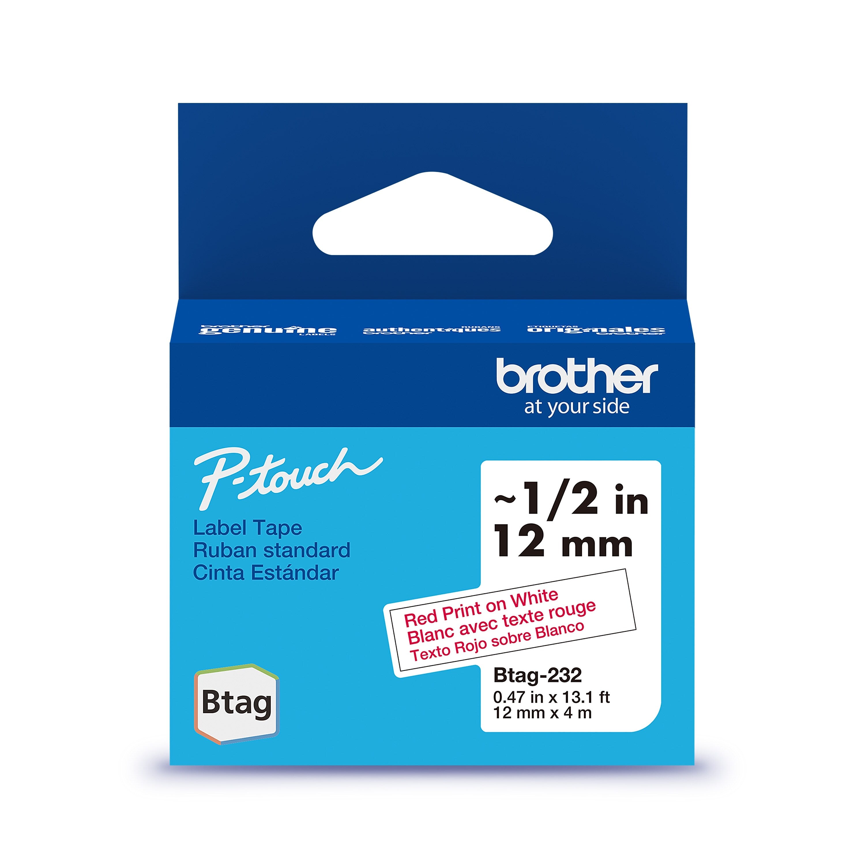 Brother P-touch Btag Label Tape, 1/2" x 13.1' (12mm x 4m), Red on White (BTAG232)