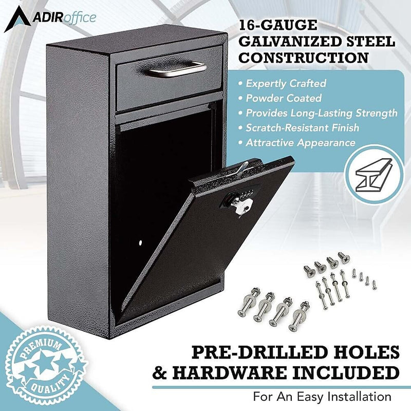 AdirOffice Steel Locking Wall Mounted Drop Box Interoffice Mailbox with Key and Combination Lock , Black (631-04-BLK-KC-PKG)