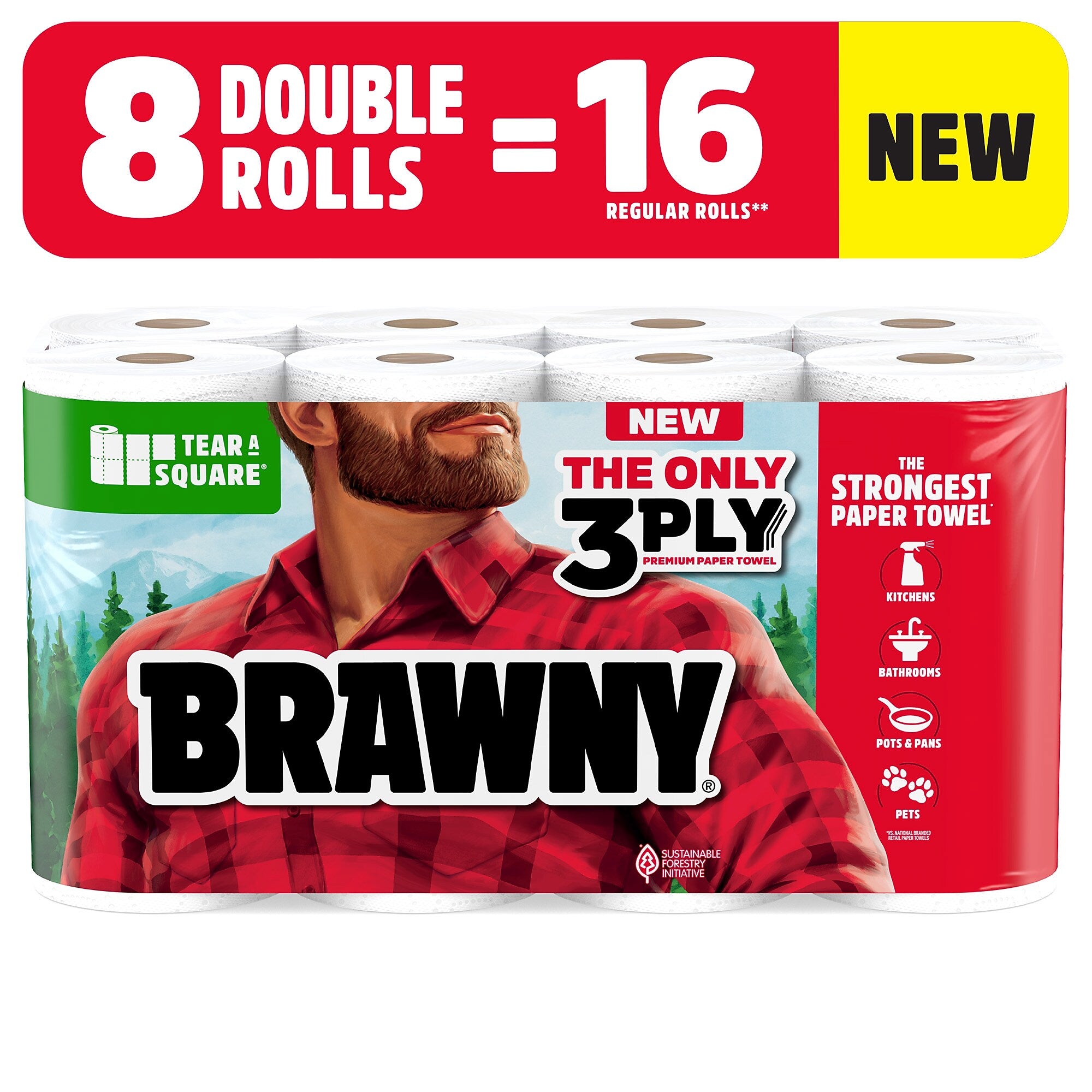 Brawny Tear-A-Square Paper Towels, 3-ply, 76 Sheets/Roll, 8 Rolls/Pack (446005)