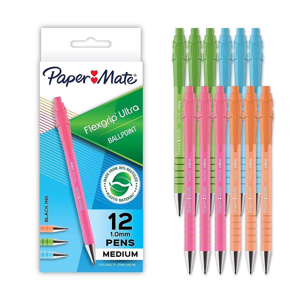 Paper Mate FlexGrip Ultra Retractable Ballpoint Pen, Medium Point, 1.0mm, Black Ink, Dozen (2204001)