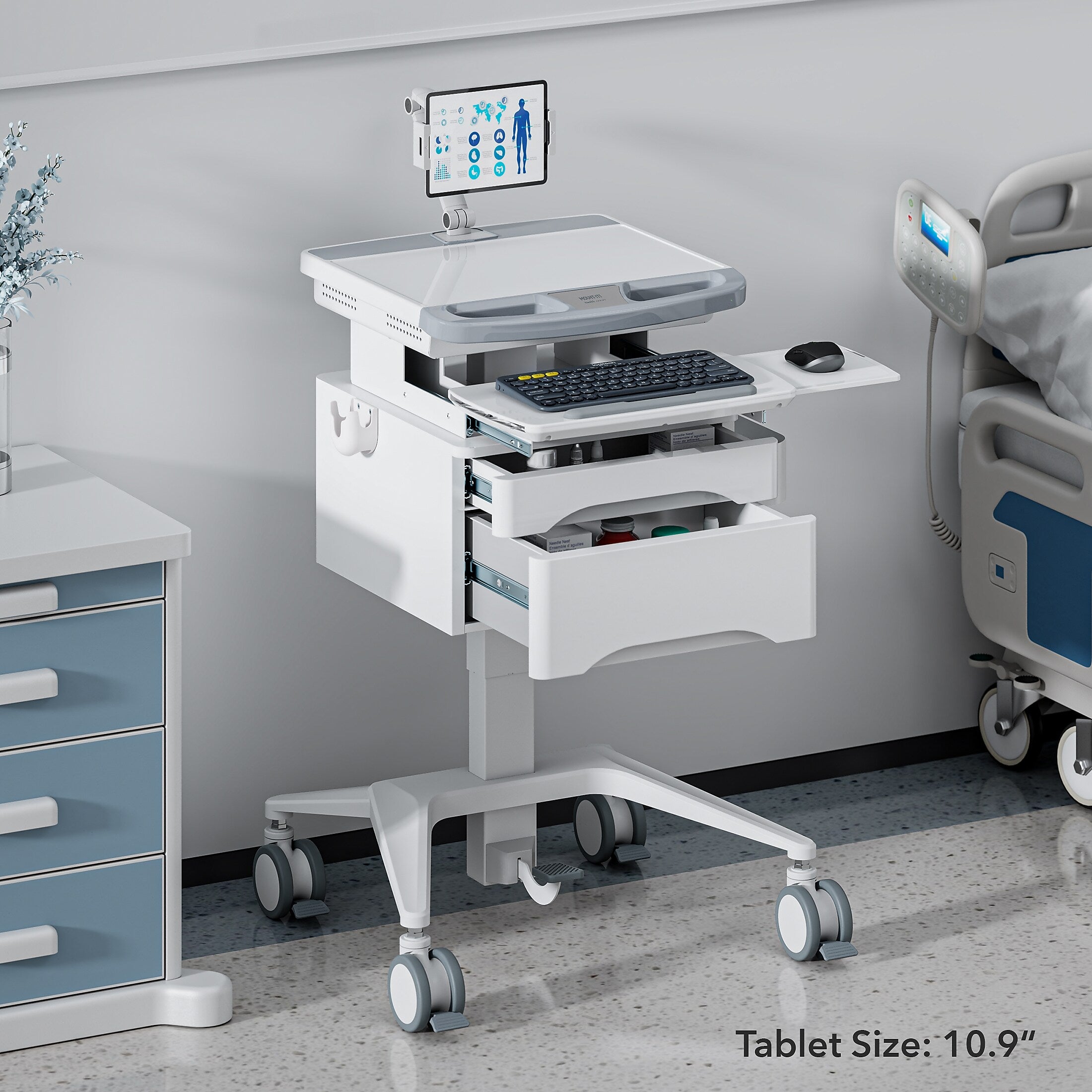 Mount-It! MedHub Mobile Medical Cart Workstation with Drawers, Tablet Arm, and Locking Caster Wheels, White/Grey (MI-16028)