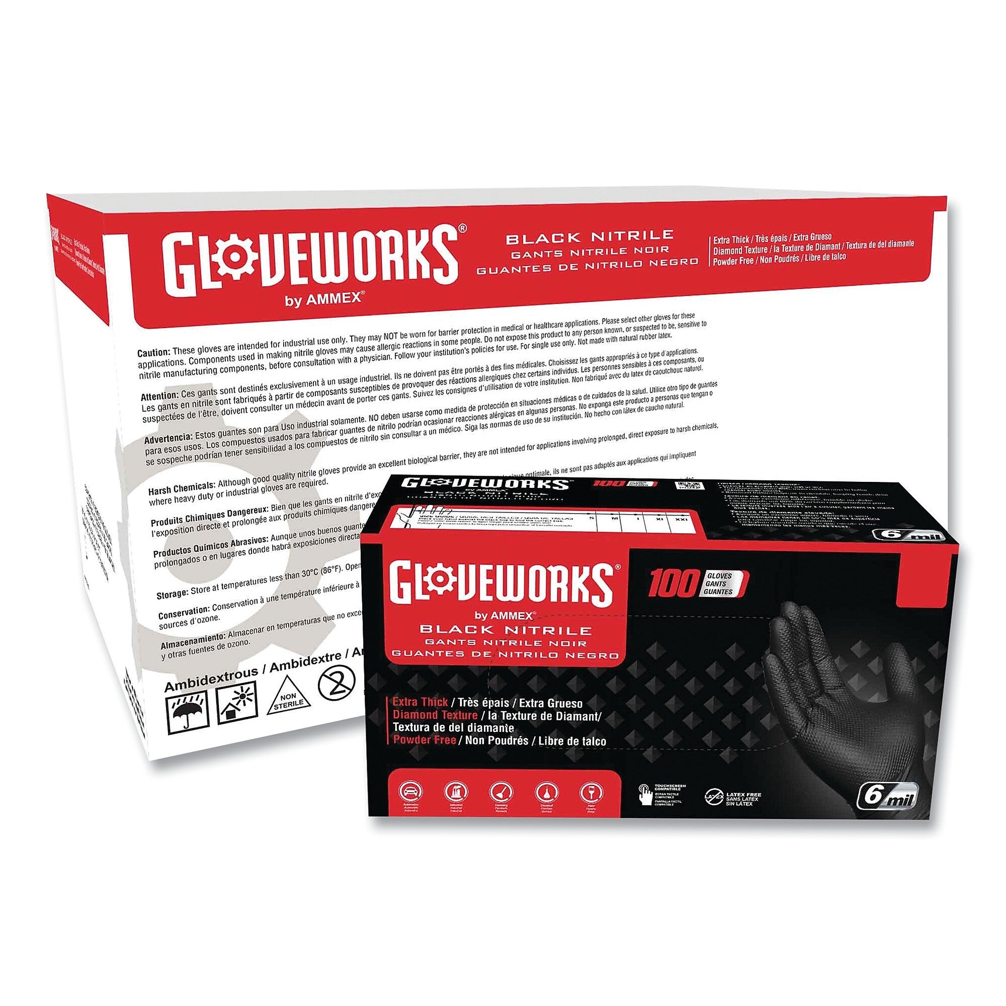 GloveWorks by AMMEX Heavy-Duty Industrial Nitrile Gloves, Powder-Free, 6 mil, X-Large, Black, 100 Gloves/Box, 10 Boxes/Carton