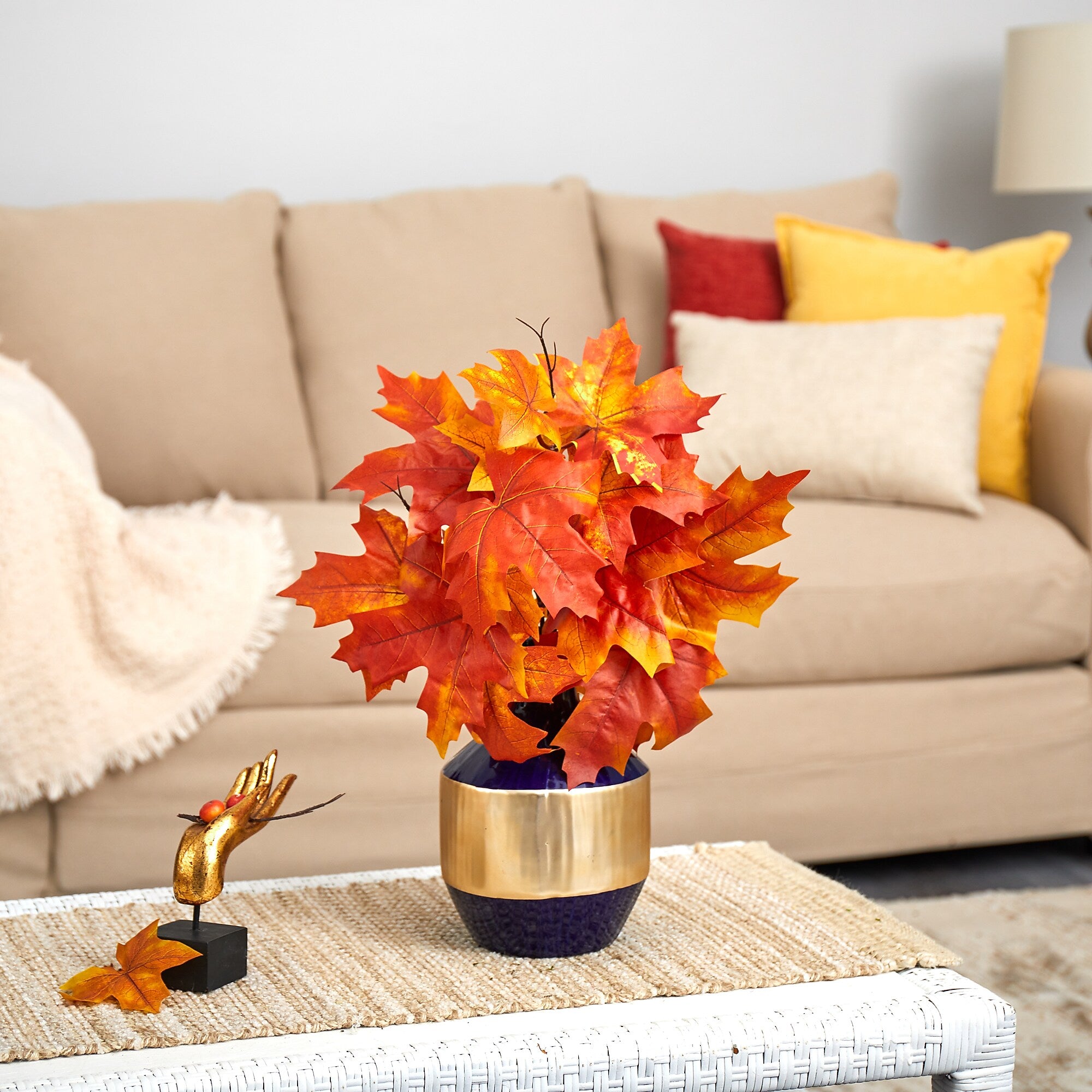 Nearly Natural 18" Autumn Maple Leaf Artificial Plant in Blue and Gold Planter (P1540-OG)
