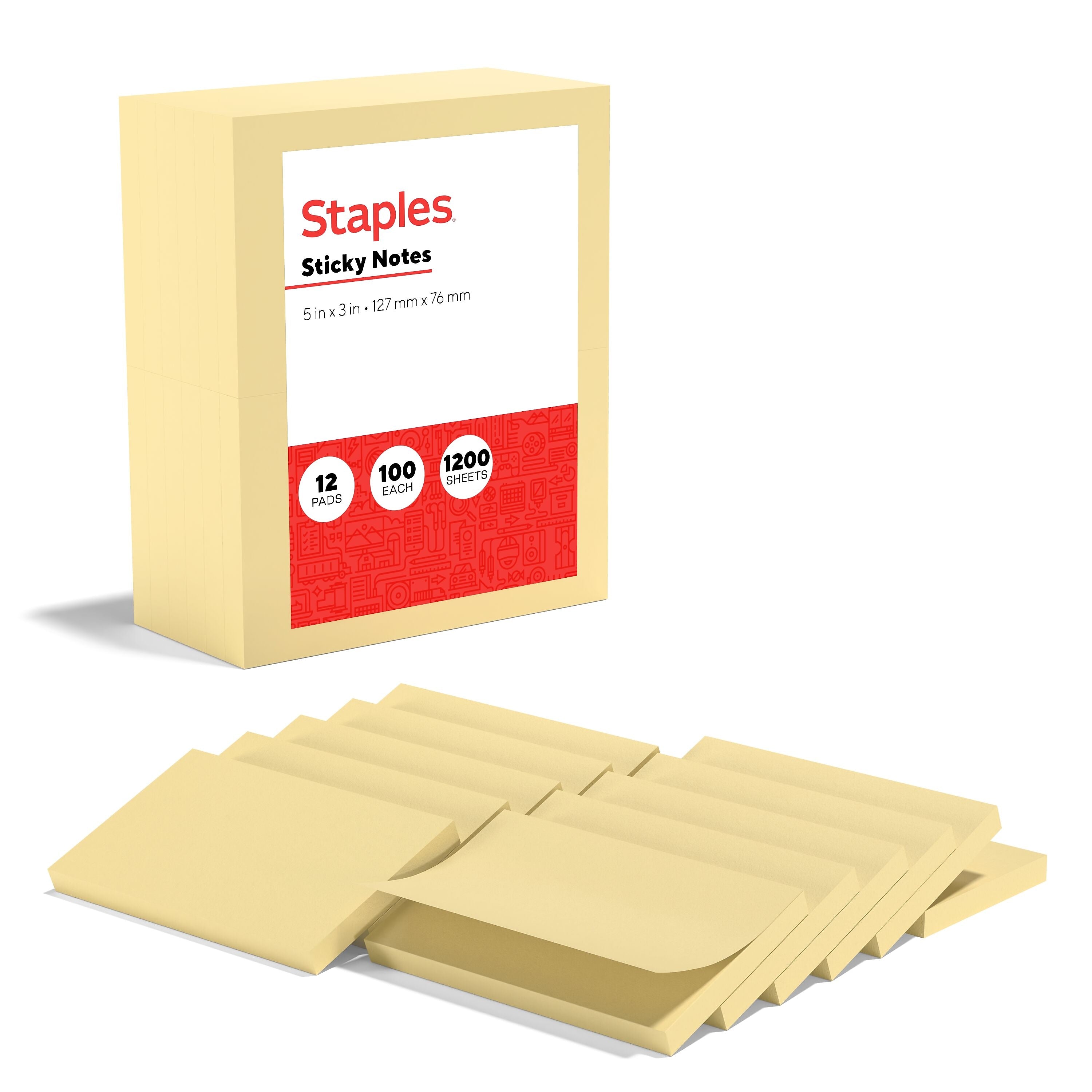 Staples Recycled Sticky Notes, 3" x 5", Sunshine Collection, 100 Sheets/Pad, 12 Pads/Pack (S-35YR12/52571)