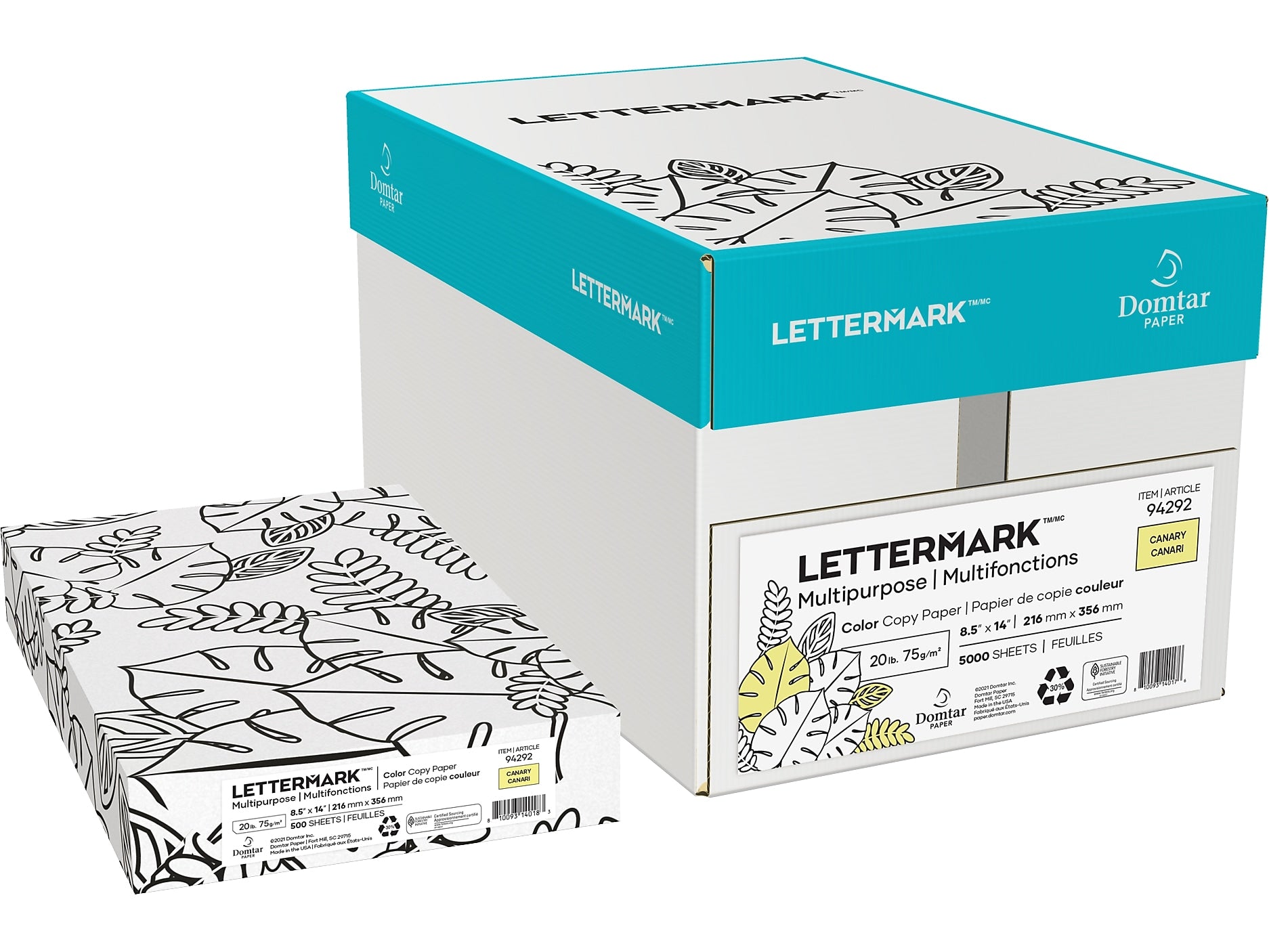 Lettermark Colors 30% Recycled 8.5" x 14" Colored Paper, 20 Lbs., Canary, 500 Sheets/Ream, 10 Reams/Carton (94292)