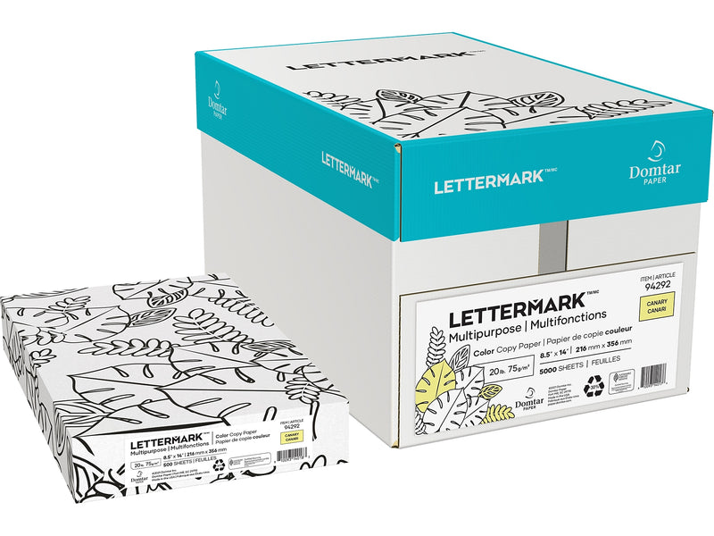 Lettermark Colors 30% Recycled 8.5" x 14" Colored Paper, 20 Lbs., Canary, 500 Sheets/Ream, 10 Reams/Carton (94292)