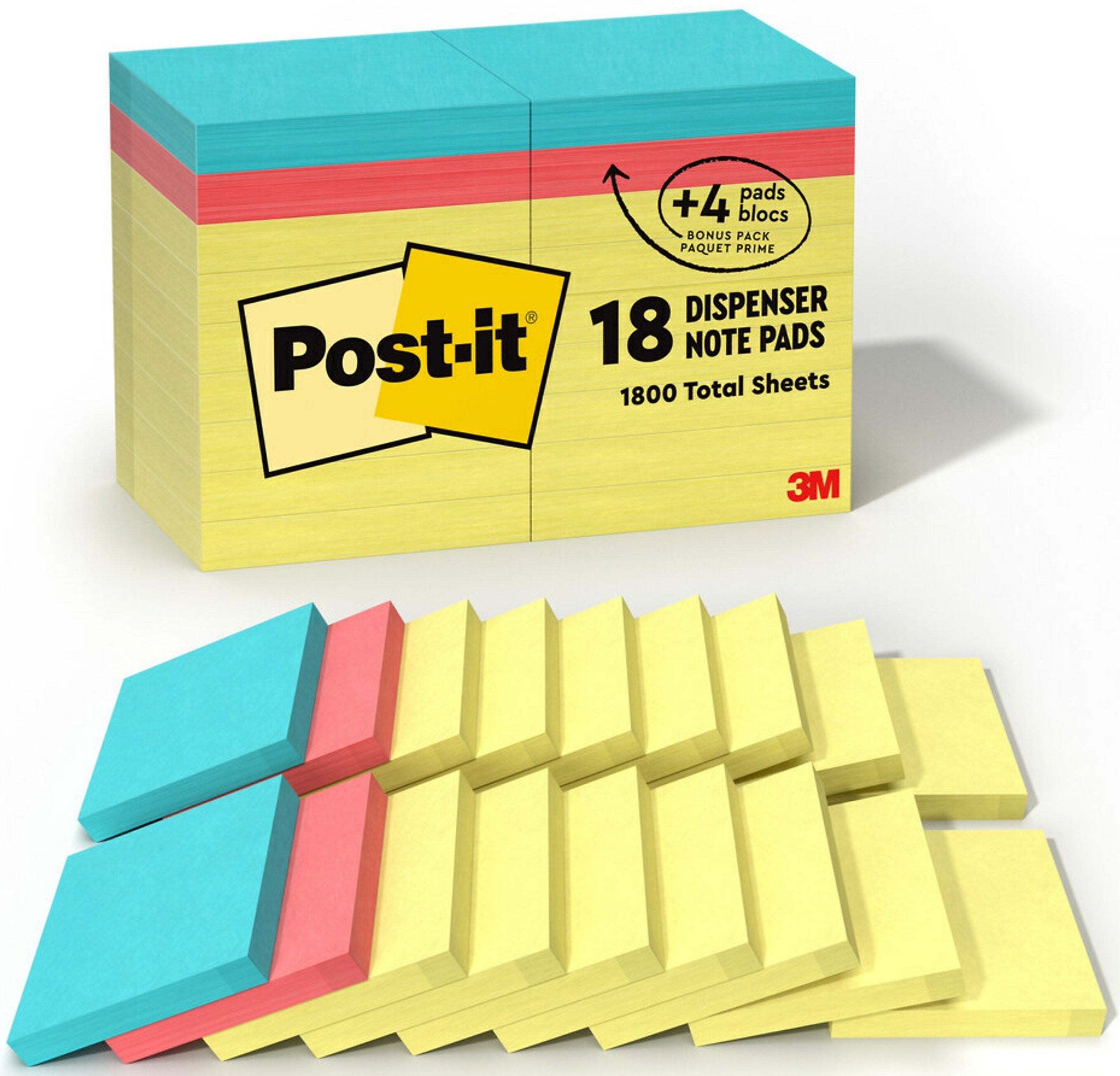 Post-it Notes, 3" x 3", Canary Collection, 100 Sheet/Pad, 18 Pads/Pack (654144B)