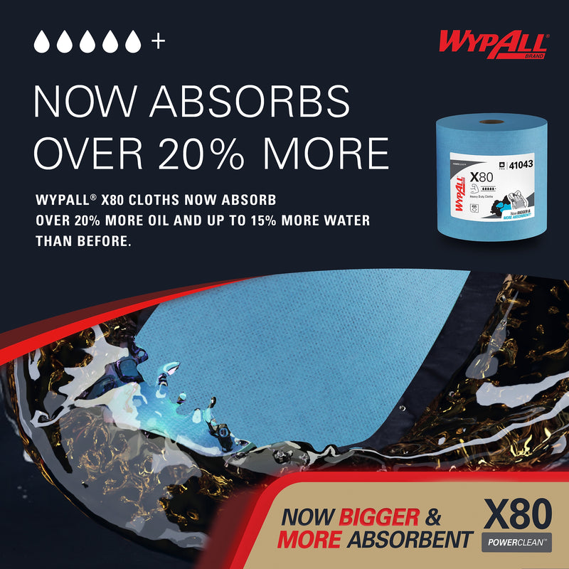 WypAll PowerClean X80 Fabric Cleaning Wipers, 13.4" x 12.5", Blue, 455 Sheets/Roll (41043)