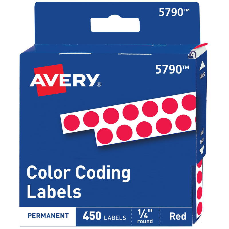 Avery Color-Coding Labels in Dispenser, 1/4" Dia, Red, 450 Stickers/Pack (5790)