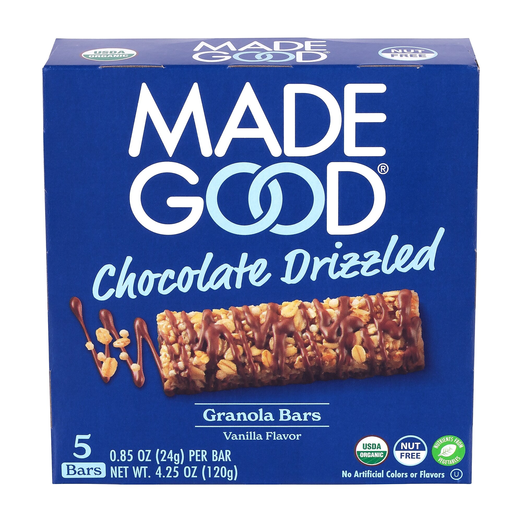 Madegood Gluten Free Chocolate Drizzled Vanilla Granola Bars, 0.85 oz., 5/Box, 6 Boxes/Pack (307-00427)