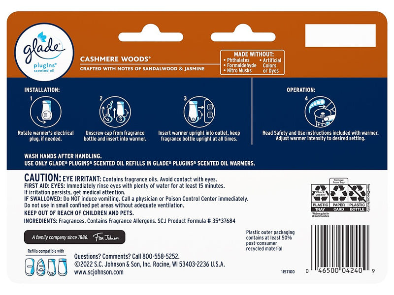 Glade PlugIns Scented Oil Refill, Cashmere Woods, 0.67 Fl. Oz., 7/Pack (350769)