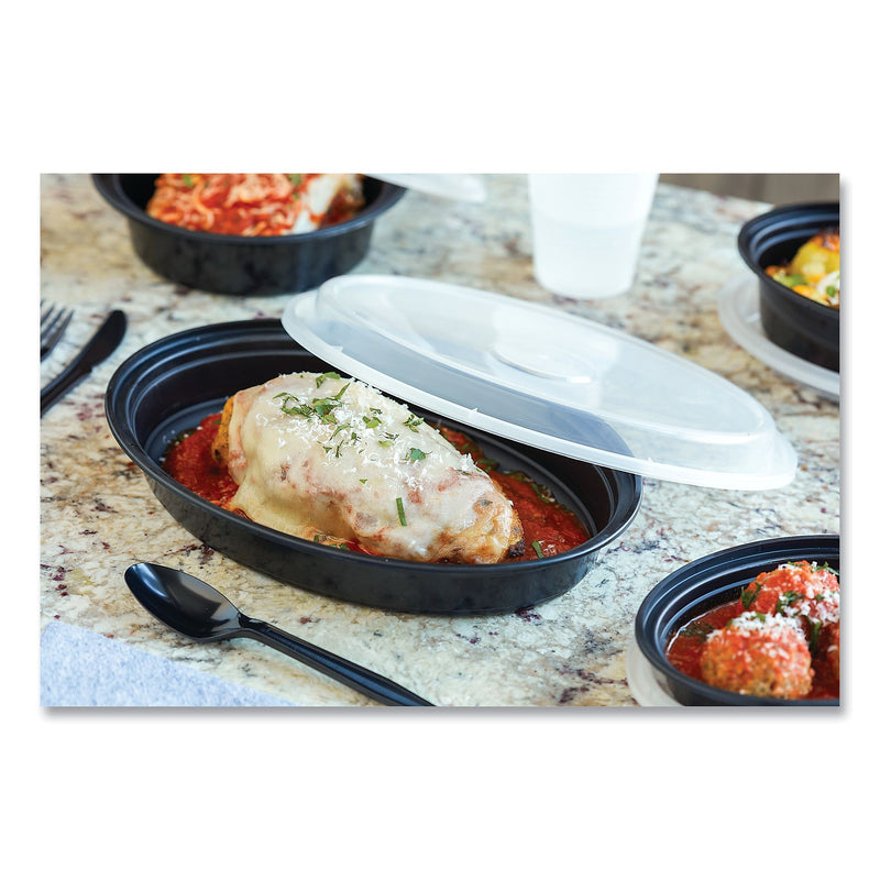 Pactiv Evergreen Newspring VERSAtainer Microwavable Containers, Oval, 24 oz, 9.1 x 6.7 x 1.45, Black/Clear, Plastic, 150/Carton