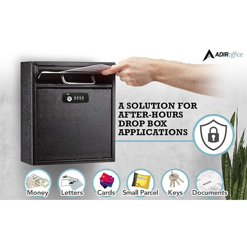 AdirOffice Steel Combination Locking Wall Mounted Interoffice Drop Box Mailbox, Medium, Black (631-05-BLK-KCPK)