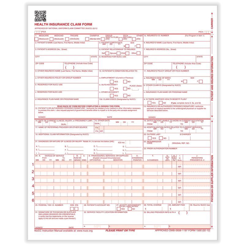 ComplyRight CMS-1500 Health Insurance Claim Forms (02/12), 8-1/2" x 11", Pack of 250 (CMS12LC250)