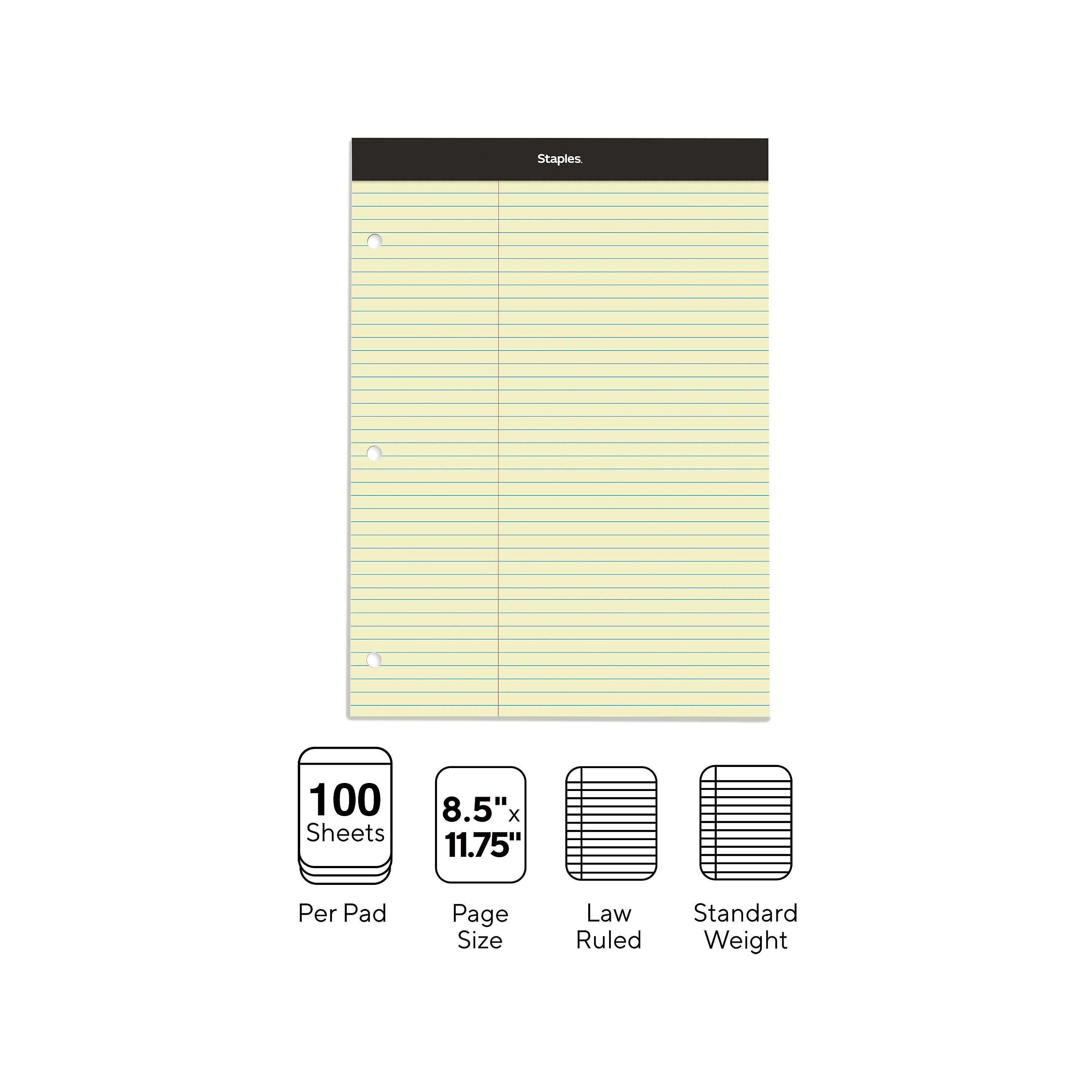 Staples Notepad, 8.5" x 11.75", Law Ruled, Canary, 100 Sheets/Pad, Each (ST57348)