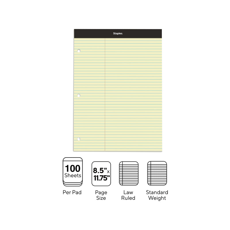 Staples Notepad, 8.5" x 11.75", Law Ruled, Canary, 100 Sheets/Pad, Each (ST57348)