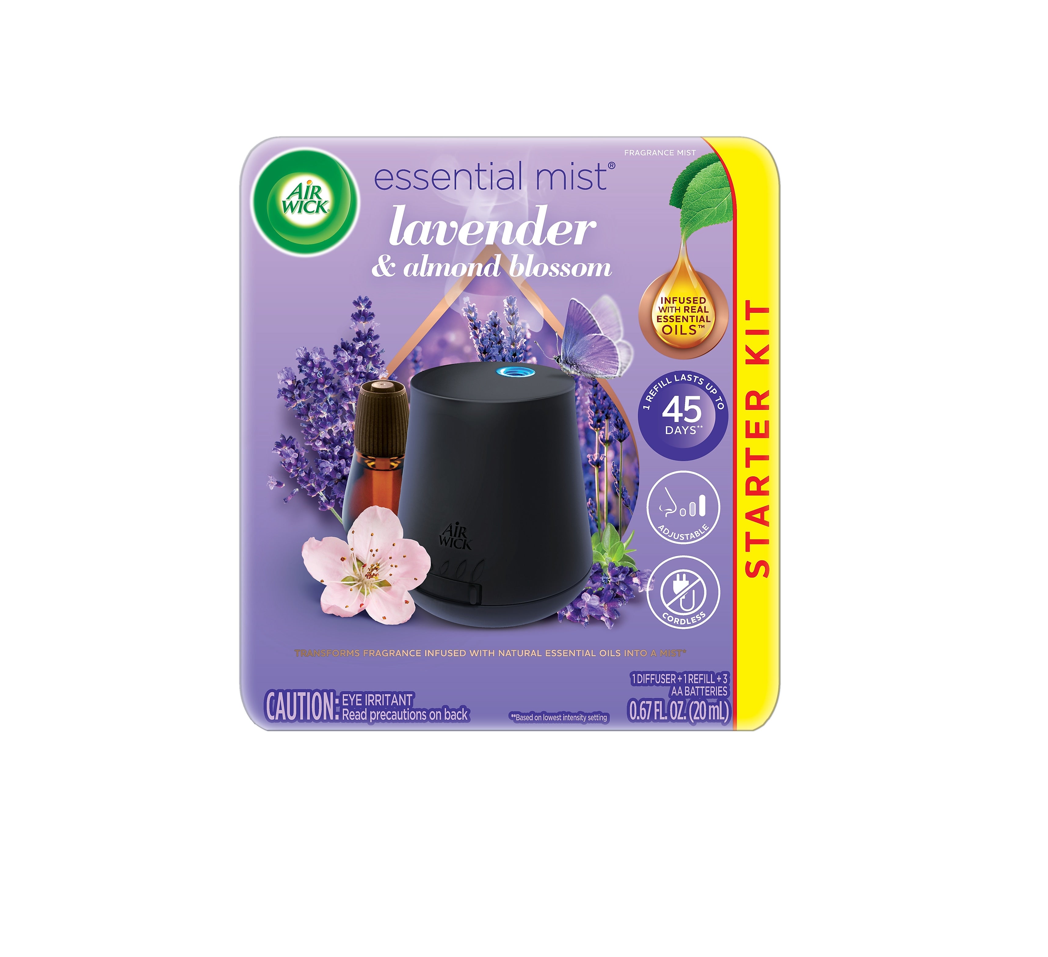 Air Wick Essential Mist Air Freshener Starter Kit, Lavender & Almond Blossom, 0.67 oz. (62338-02034)