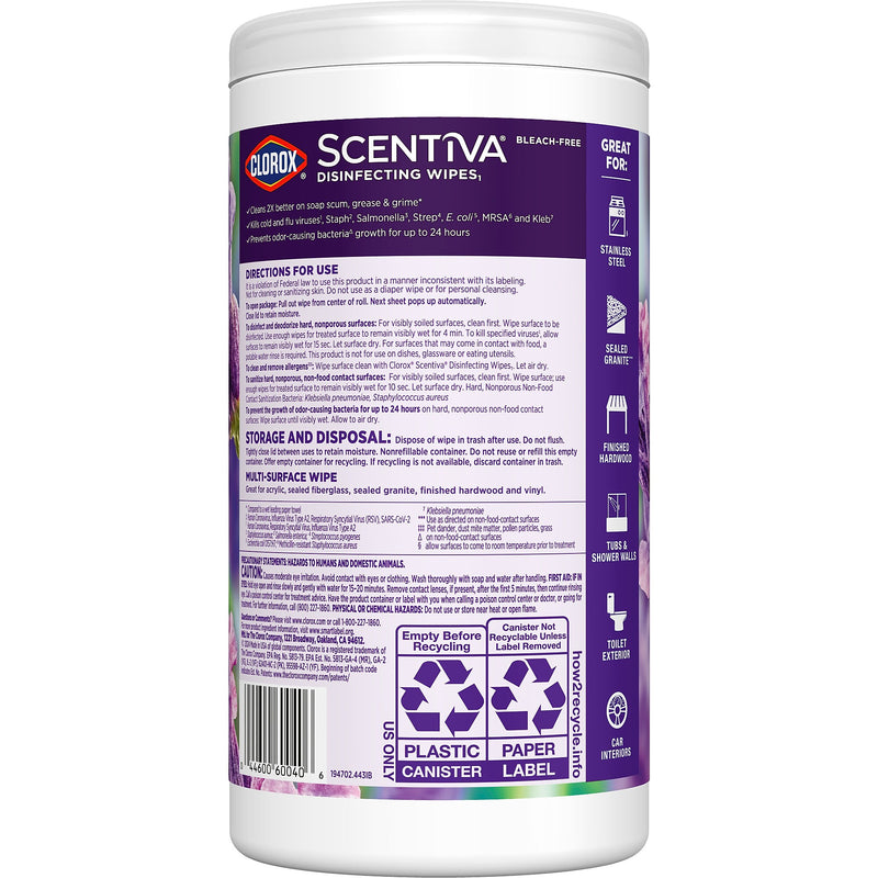 Clorox Scentiva Disinfecting Wipes, Lavender and Jasmine Scent, 75 Wipes/Container (60040)