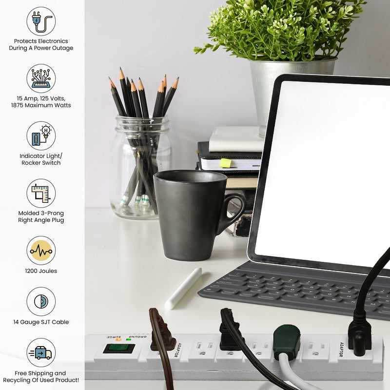 GoGreen Power 6' Metal Surge Protector, 7 Outlets, White (GG-17636)