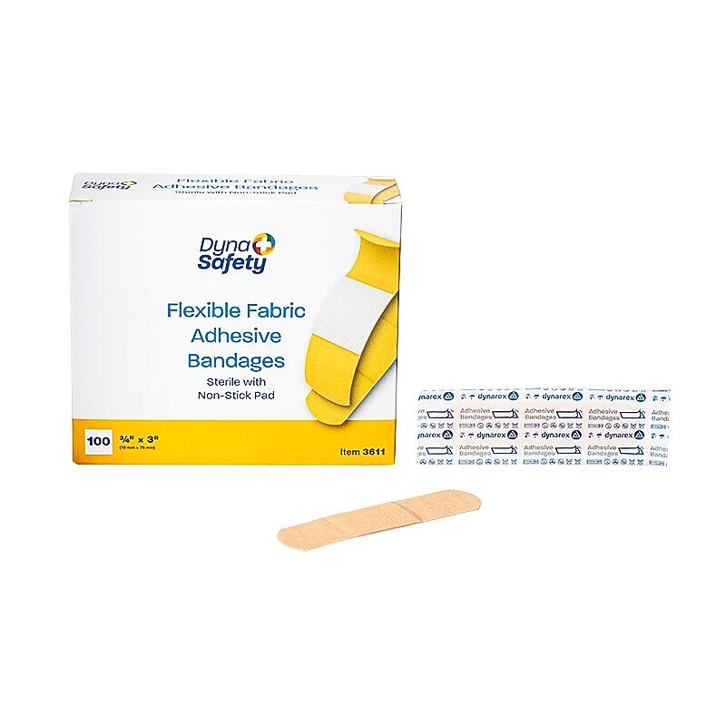 Dynarex DynaSafety 3/4" x 3" Fabric Adhesive Bandages, Beige, 100 Bandages/Box, 24 Boxes/Carton (3611)