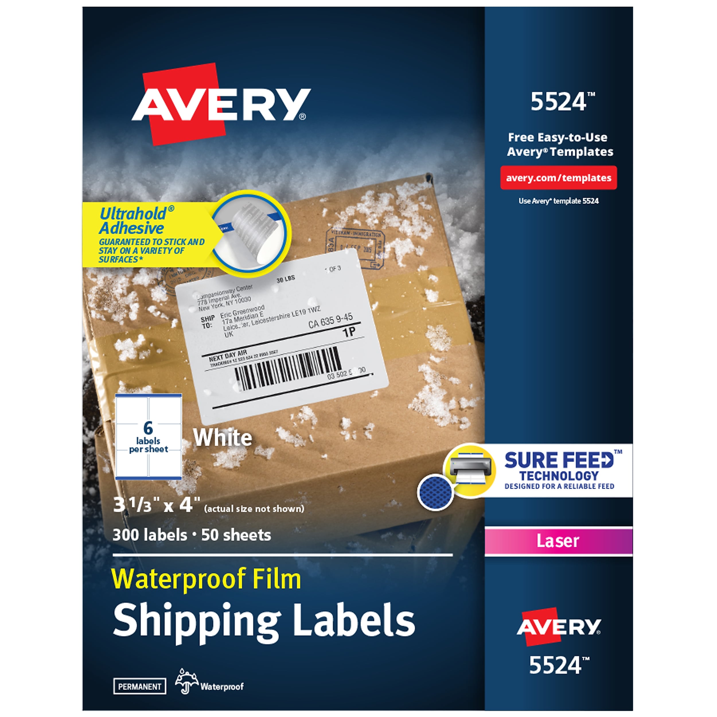 Avery Waterproof Laser Shipping Labels, 3-1/3" x 4", Matte White, 300 Labels/Box (5524)