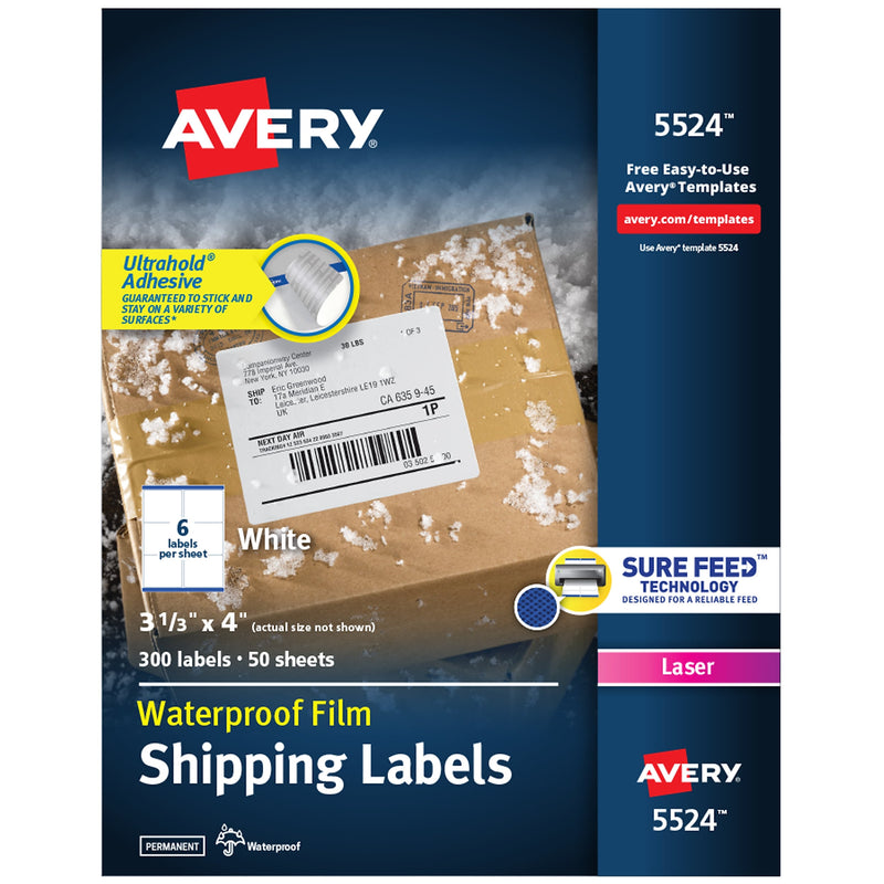 Avery Waterproof Laser Shipping Labels, 3-1/3" x 4", Matte White, 300 Labels/Box (5524)