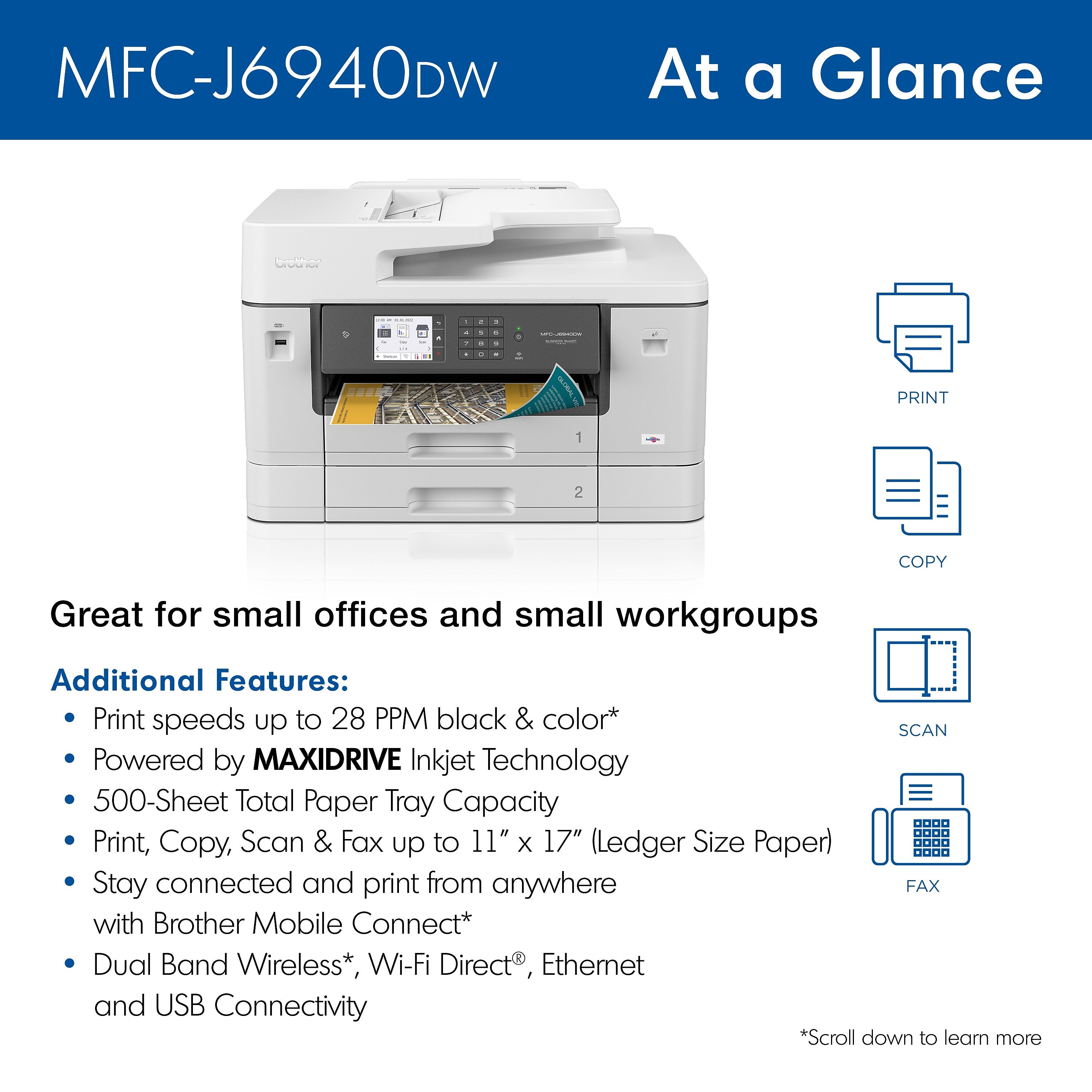 Brother MFC-J6940DW Wireless Color Inkjet Printer, All-In-One, Print, Scan, Copy, Fax