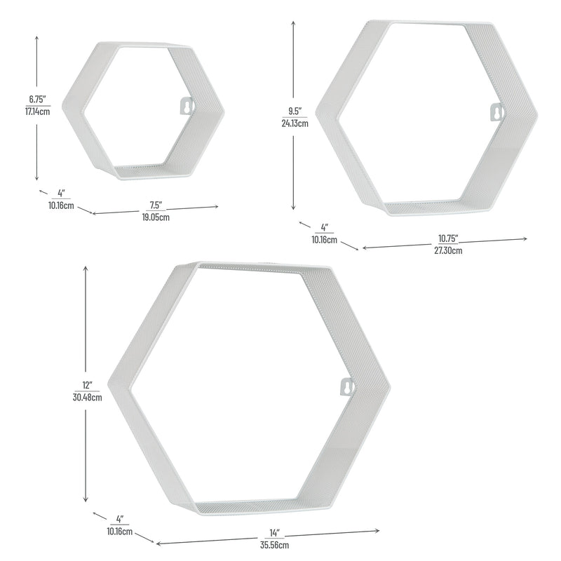 Mind Reader Metal Honeycomb Hexagon Floating Shelves, White, 3/Set (WALL3PC-WHT)