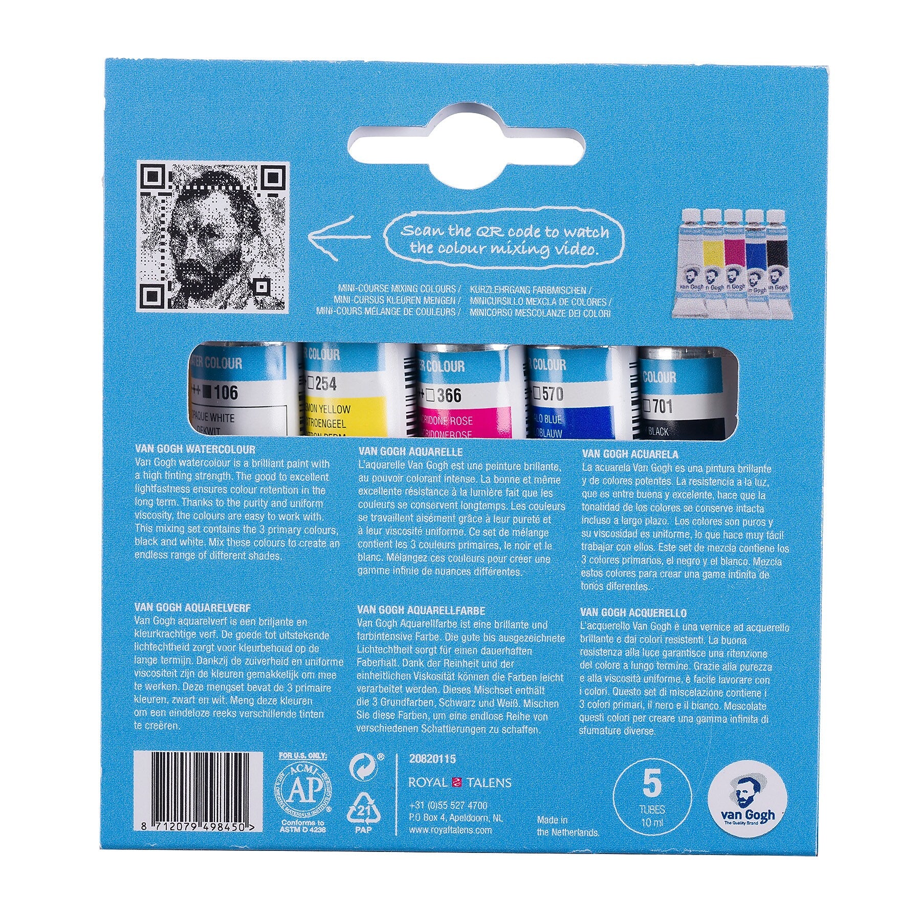 Talens Van Gogh Primary Selection Watercolor Paint, Assorted Colors (VNG20820115)