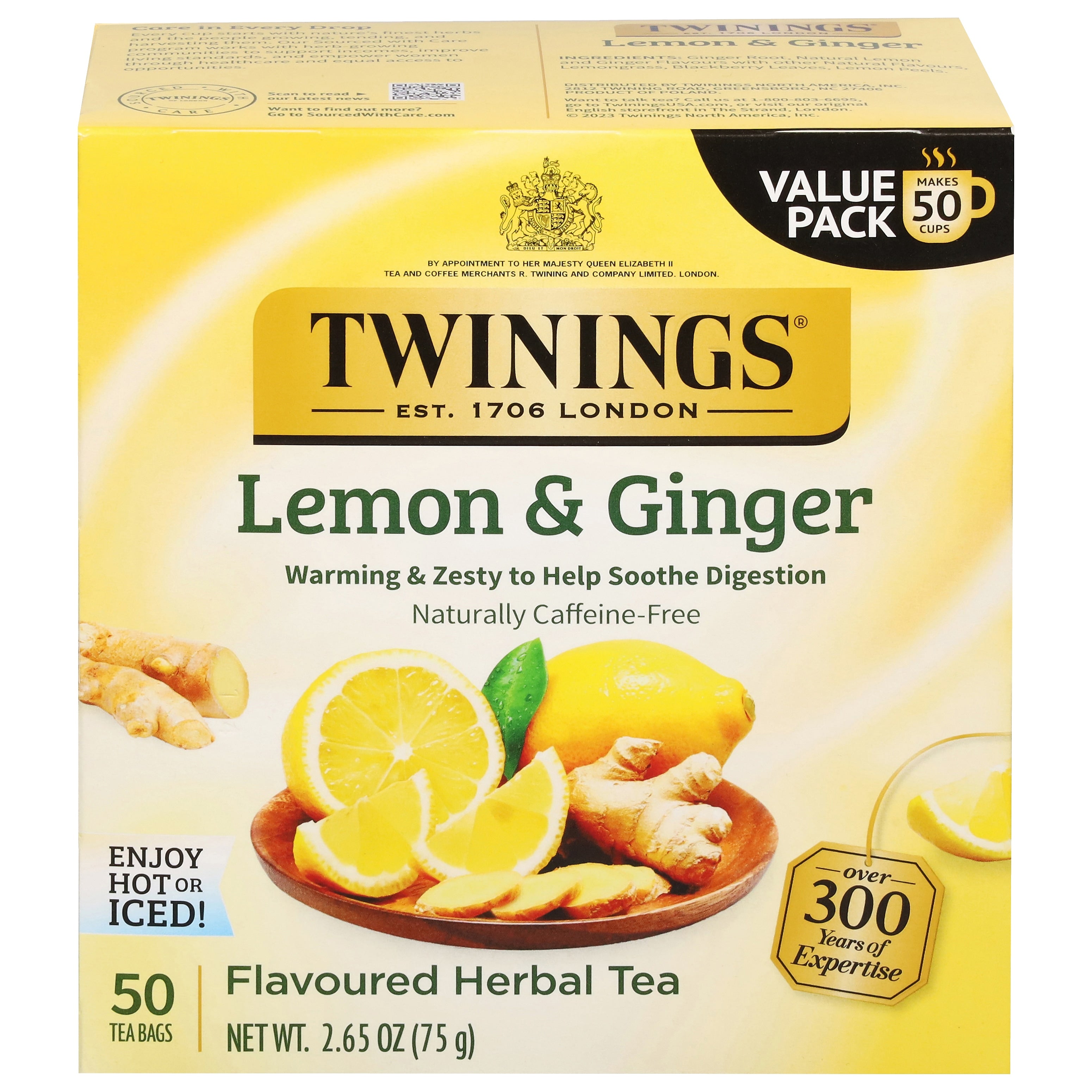 Twinings Lemon and Ginger Herbal Caffeine Free Tea Bags, 50/Box (F14990)