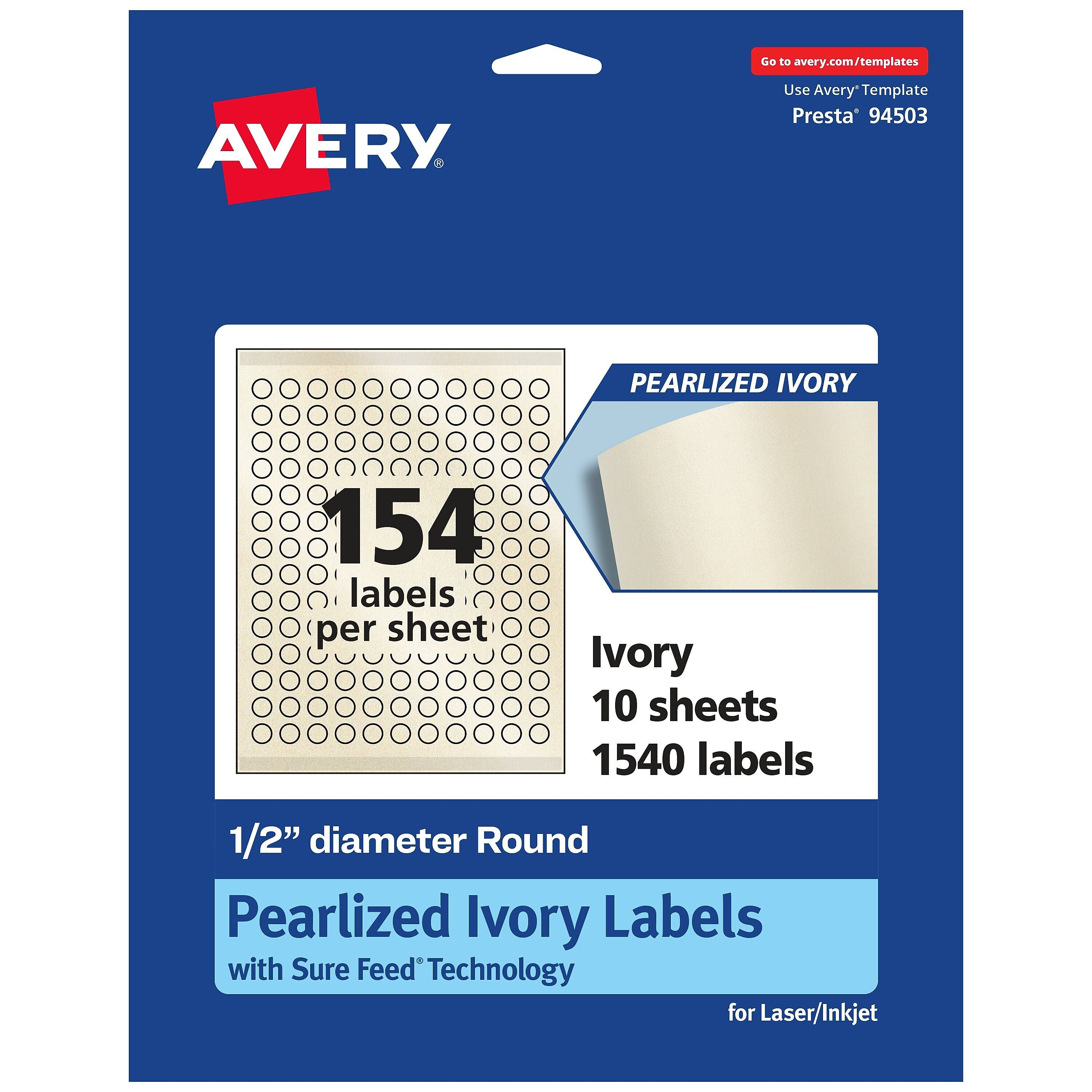 Avery Laser/Inkjet Round Multipurpose Labels, 0.5" Dia., Ivory, 1540 Labels/Pack (94503)