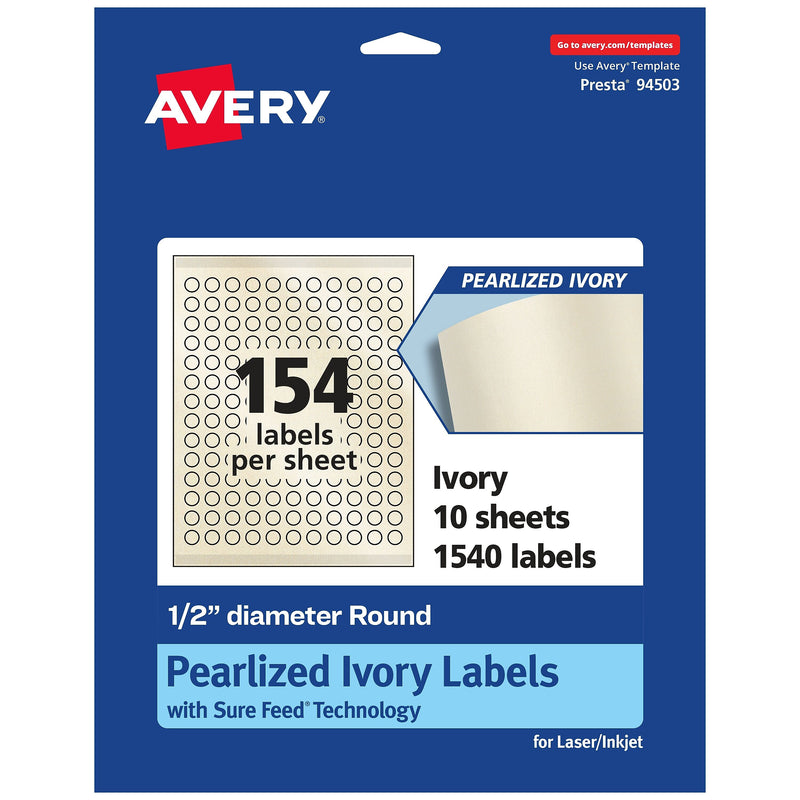 Avery Laser/Inkjet Round Multipurpose Labels, 0.5" Dia., Ivory, 1540 Labels/Pack (94503)