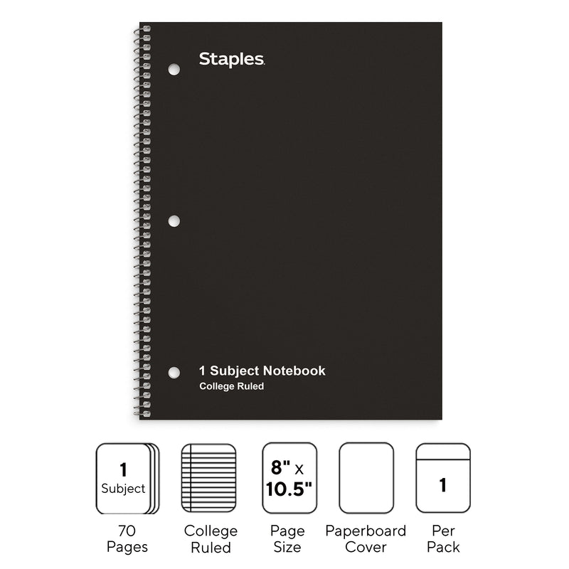 Staples 1-Subject Notebook, 8" x 10.5", College Ruled, 70 Sheets, Black (ST27499C)