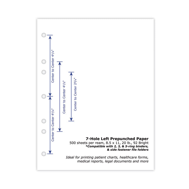 Perforated and Punched Paper, 7-Hole Punched, 20 lb Bond Weight, 8.5 x 11, White, 500/Ream