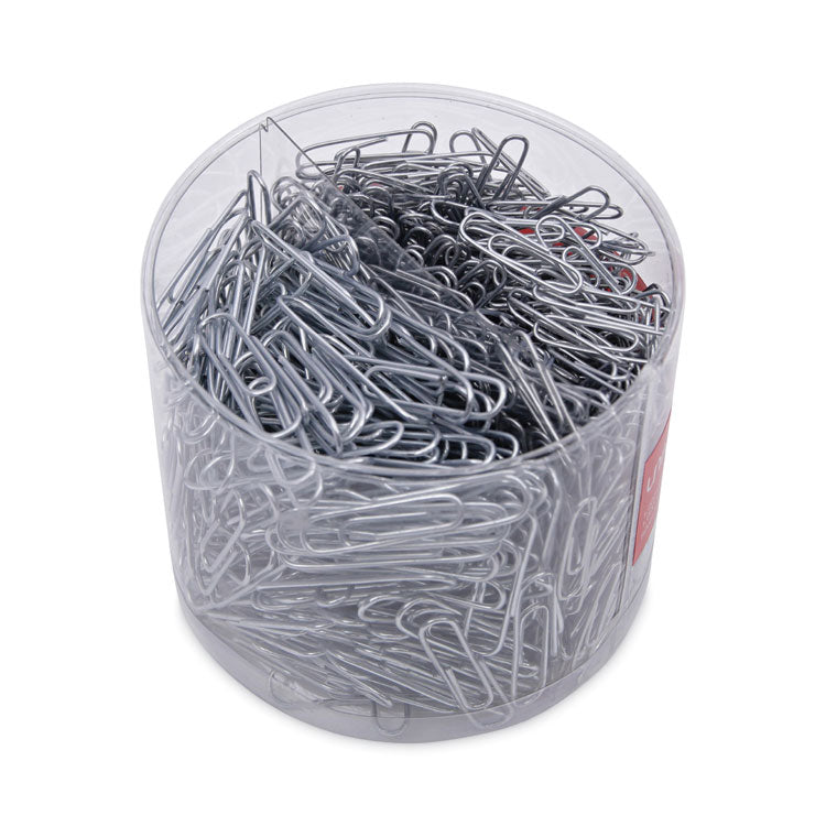 Plastic-Coated Paper Clips with Two-Compartment Dispenser Tub, (750) #2 Clips, (250) Jumbo Clips, Silver