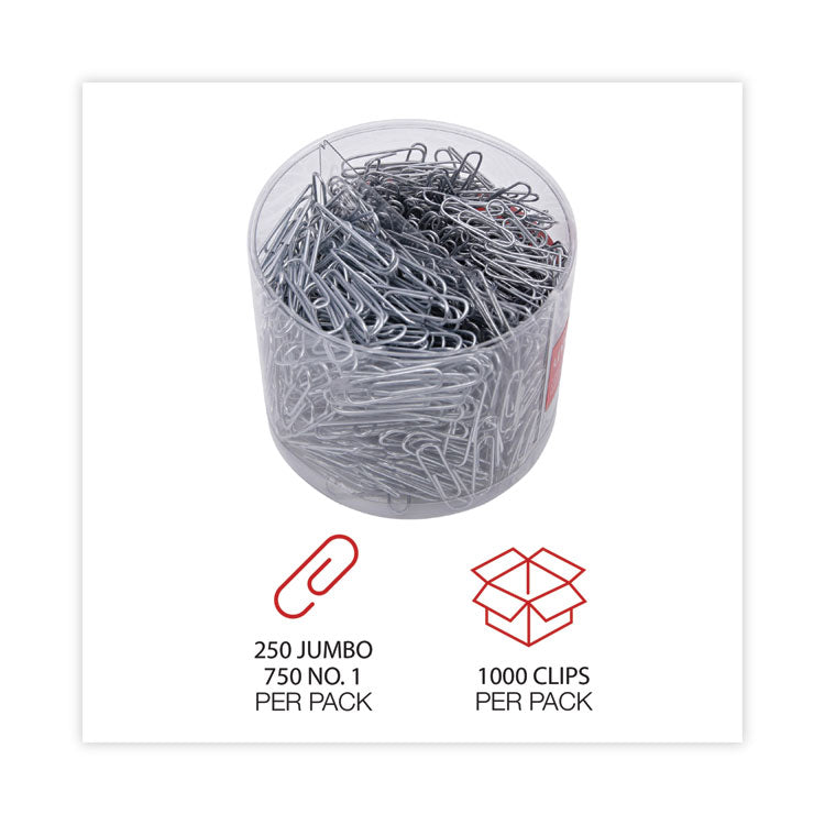 Plastic-Coated Paper Clips with Two-Compartment Dispenser Tub, (750) #2 Clips, (250) Jumbo Clips, Silver