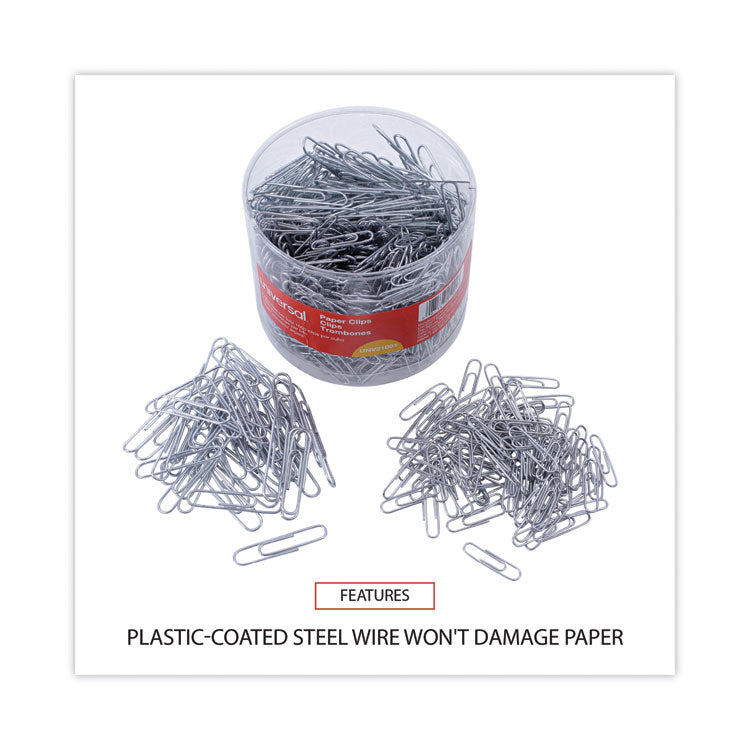Plastic-Coated Paper Clips with Two-Compartment Dispenser Tub, (750) #2 Clips, (250) Jumbo Clips, Silver