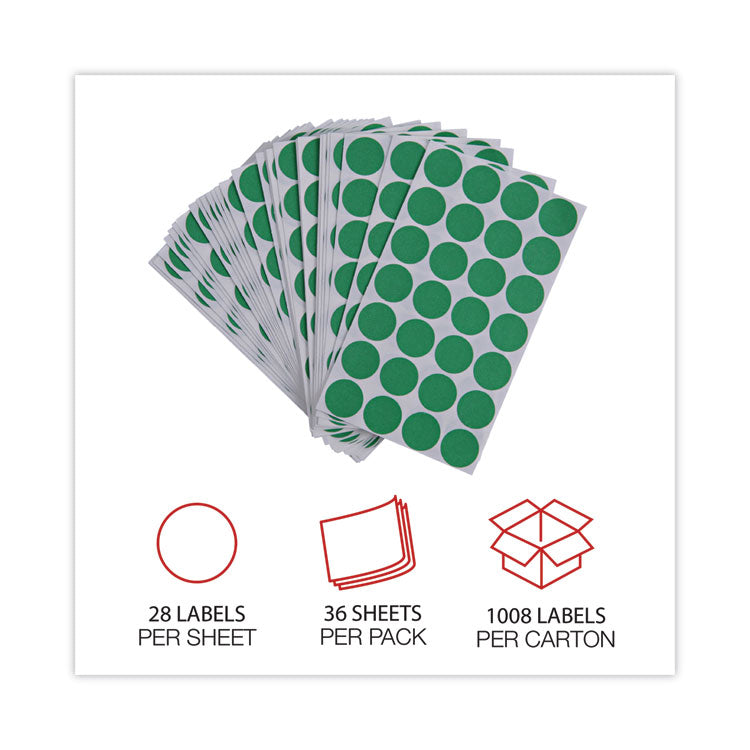 Self-Adhesive Removable Color-Coding Labels, 0.75" dia, Green, 28/Sheet, 36 Sheets/Pack