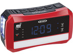 Jensen Wireless Digital AM/FM Alarm Clock Radio with NOAA Weather Alert, Emergency Light, and Built-in Flashlight, Red/Black