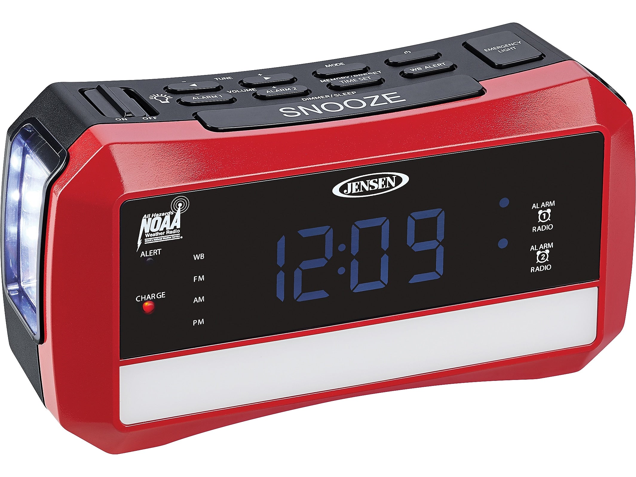 Jensen Wireless Digital AM/FM Alarm Clock Radio with NOAA Weather Alert, Emergency Light, and Built-in Flashlight, Red/Black