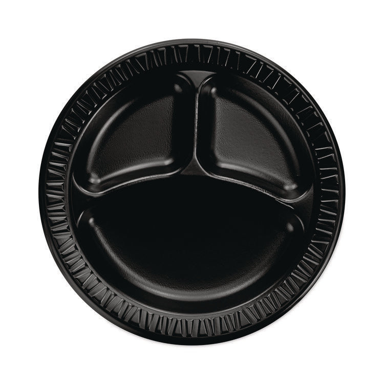 Quiet Classic Laminated Foam Dinnerware, 3-Compartment Plate, 9" dia, Black, 125/Sleeve, 4 Sleeves/Carton